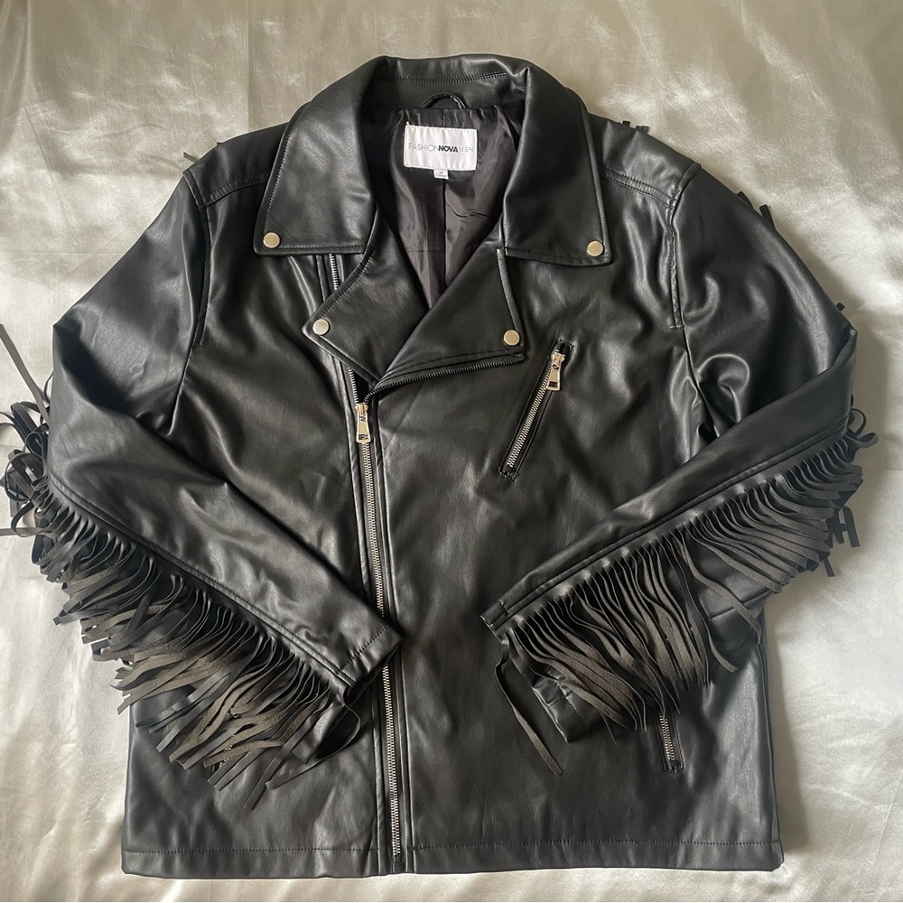 Men's Moto Jacket Fringe Black PU size M